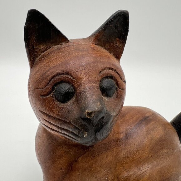 Siamese wood wooden carved cat kitten tail up sitting folk art handmade - Picture 2 of 12